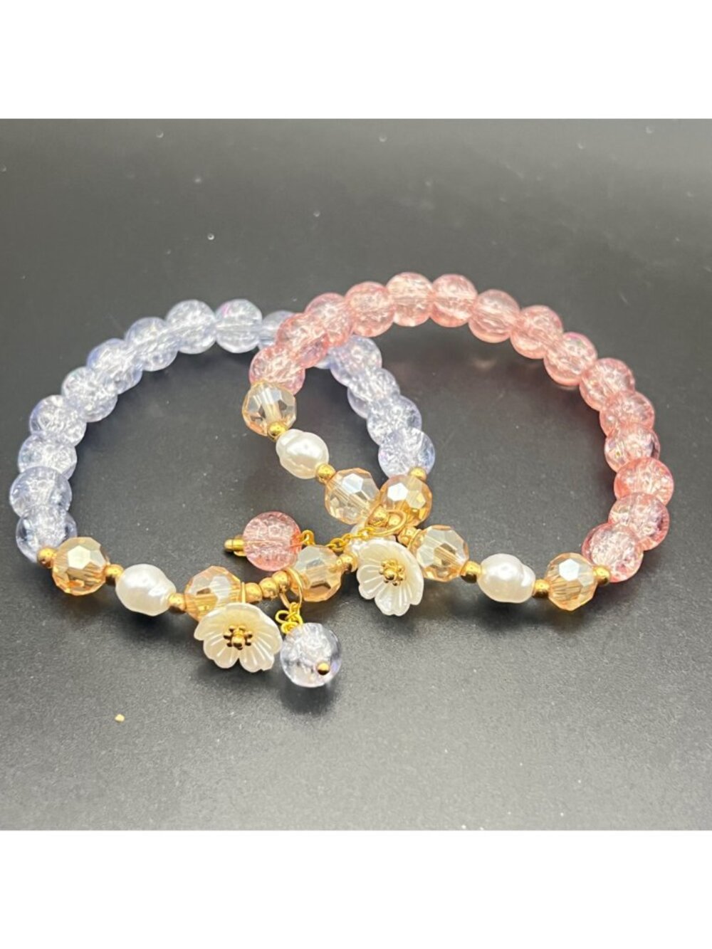 Pastel Stretch Bracelet Lot 2 Pink Blue Crackle Glass Pearl Flower Cottagecore - Picture 2 of 10